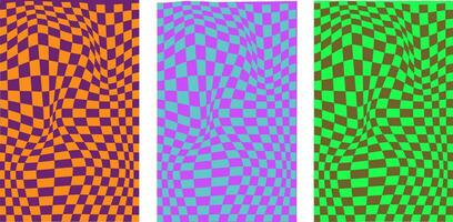 Collection of retro checkerboard backgrounds featuring vivid hues. A groovy and psychedelic chessboard backdrop inspired by the 60s and 70s. vector