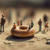 social structures donut with marshmallows and tiny people, AI Generated photo