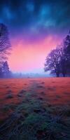 Gloomy Meadow, A dark and foreboding meadow landscape with a thick and colorful fog AI Generated photo