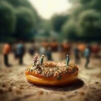 social structures donut with marshmallows and tiny people, AI Generated photo