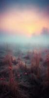 Gloomy Meadow, A dark and foreboding meadow landscape with a thick and colorful fog AI Generated photo