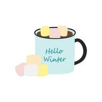 Mug with lettering Hello winter, warm drink and marshmallow cubes in trendy seasonal soft shades vector