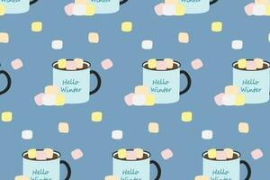 Seamless winter pattern of mugs with lettering, warm drink and marshmallow in trendy seasonal colors vector