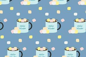 Seamless winter pattern of mugs with lettering, warm drink and marshmallow in trendy seasonal colors vector