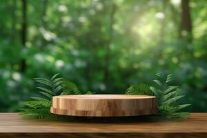 Wooden product display podium with blurred nature leaves on green background 3d rendering photo