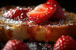 Strawberry toast, macro shot of a fresh breakfast with Dripping Honey, AI Generated photo