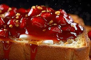 Pomegranate toast, macro shot of a fresh breakfast with Dripping Honey, AI Generated photo