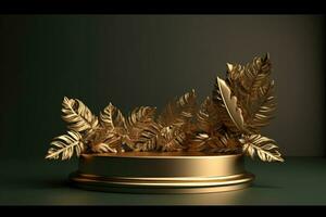 A Luxury podium, round gold and silver table with a feather on it photo