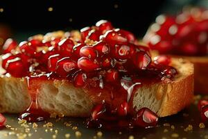 granada tostada, macro Disparo de un Fresco desayuno con goteo Miel, ai generado foto