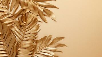 Gold colored tropical palm leaves on beige background AI Generated photo