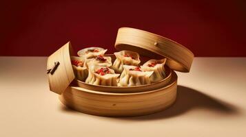 Bamboo container with chines dumplings Generative AI photo