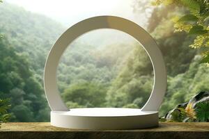 A white round device sits on a table in front of a jungle background photo