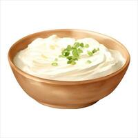 Sour Cream with Garnish in Bowl Isolated Detailed Hand Drawn Painting Illustration vector