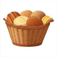 Bakery Breads in Wicker Basket Isolated Detailed Hand Drawn Painting Illustration vector