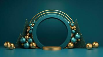 Enchanting 3D Render of Blue Podium Featuring Striking Gold Arch Christmas, AI Generated photo