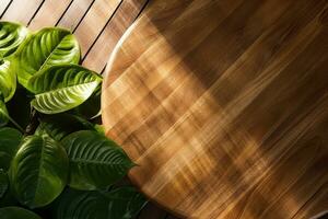 wooden platform with a large leafy green background photo