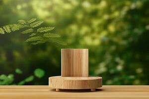 Wooden product display podium with blurred nature leaves on green background 3d rendering photo