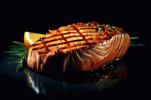 Raw salmon Steak bonefire Generative AI photo