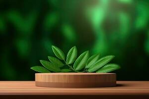 Wooden product display podium with blurred nature leaves on green background 3d rendering photo