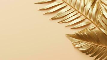 Gold colored tropical palm leaves on beige background AI Generated photo