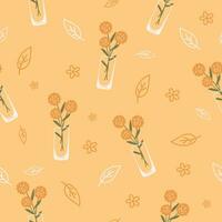 Garden flower seamless pattern. Beautiful yellow flower in a vase. Vector pattern for background, fabric, textile, wrap, surface, web and print design.