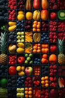 Creative flat lay composition of various fruits, Generative AI photo