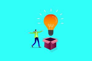 Big idea. Lead the organization into the future with innovation, passion, leadership, creativity. Businessman taking light bulb idea out of the box. vector