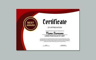 Certificate of appreciation template, gold and red color. Clean modern certificate with gold badge. Certificate border template with luxury and modern line pattern. Diploma vector template