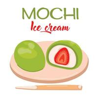 Mochi. Asian sweet food. Japanese ice cream Mochi in rice dough. Green mochi with strawberries. Rice fruit dessert on wood plate. Vector flat illustration