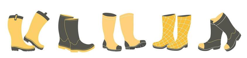 Yellow and black wellies collection. Rubber boots autumn concept. Set of gumboots on a white background. Autumn footwear. Vector illustration