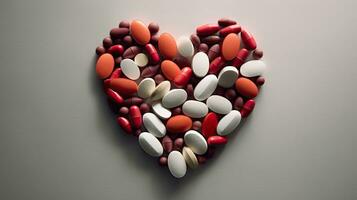 Heart shape tablet and pills for healthcare, AI Generated photo