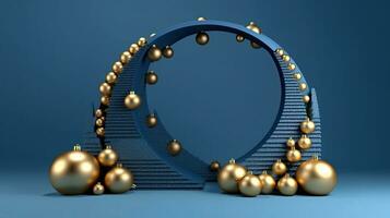 Stunning 3D Render of Blue Podium with Gold Arch Christmas Tree Decorations, AI Generated photo