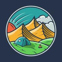 rounded cartoon nature with tend and mountain design illustration vector