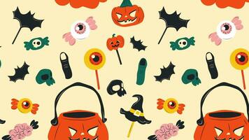 ciclo continuo sfondo. carino Halloween caramella cartone animato personaggi. 4k video metraggio