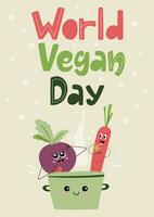 World vegan day poster with funny mascot vegetables. Happy beetroot and carrot sitting in a saucepan. vector