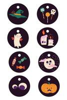 Cute gift tags for Halloween party. Colourful mascot vector design on dark background.