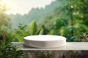 A white round device sits on a table in front of a jungle background photo