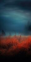 melancólico prado, un oscuro y presentimiento prado paisaje con un grueso y vistoso niebla ai generado foto