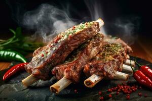 A stack of Lamb Ribs meat with smoke and pepper on the side ready to eat photo