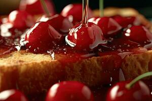 cherry toast, macro shot of a fresh breakfast with Dripping Honey, AI Generated photo