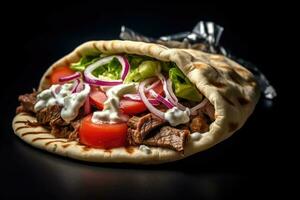 A shawarma with meat and vegetables on it photo