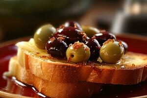 Olives toast, macro shot of a fresh breakfast, AI Generated photo