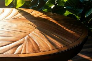 wooden platform with a large leafy green background photo