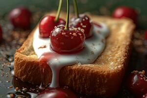 cherry toast, macro shot of a fresh breakfast with Dripping Honey, AI Generated photo