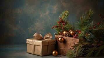 Embracing the Magic of Christmas through Fir Branches and Gifts, AI Generated photo