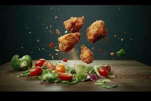 Flying elements of fried chicken with tomatoes and parsley, Generative AI photo