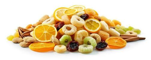 Footer of mix dry fruit on white background, AI Generated photo