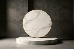 A white round device sits on a table in front of a jungle background photo