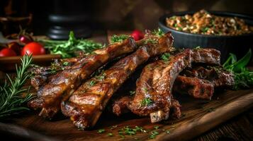 Succulent and tender Lamb ribs marinated in a savory blend of spices, AI Generated photo