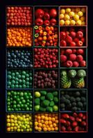 Creative flat lay composition of various fruits, Generative AI photo